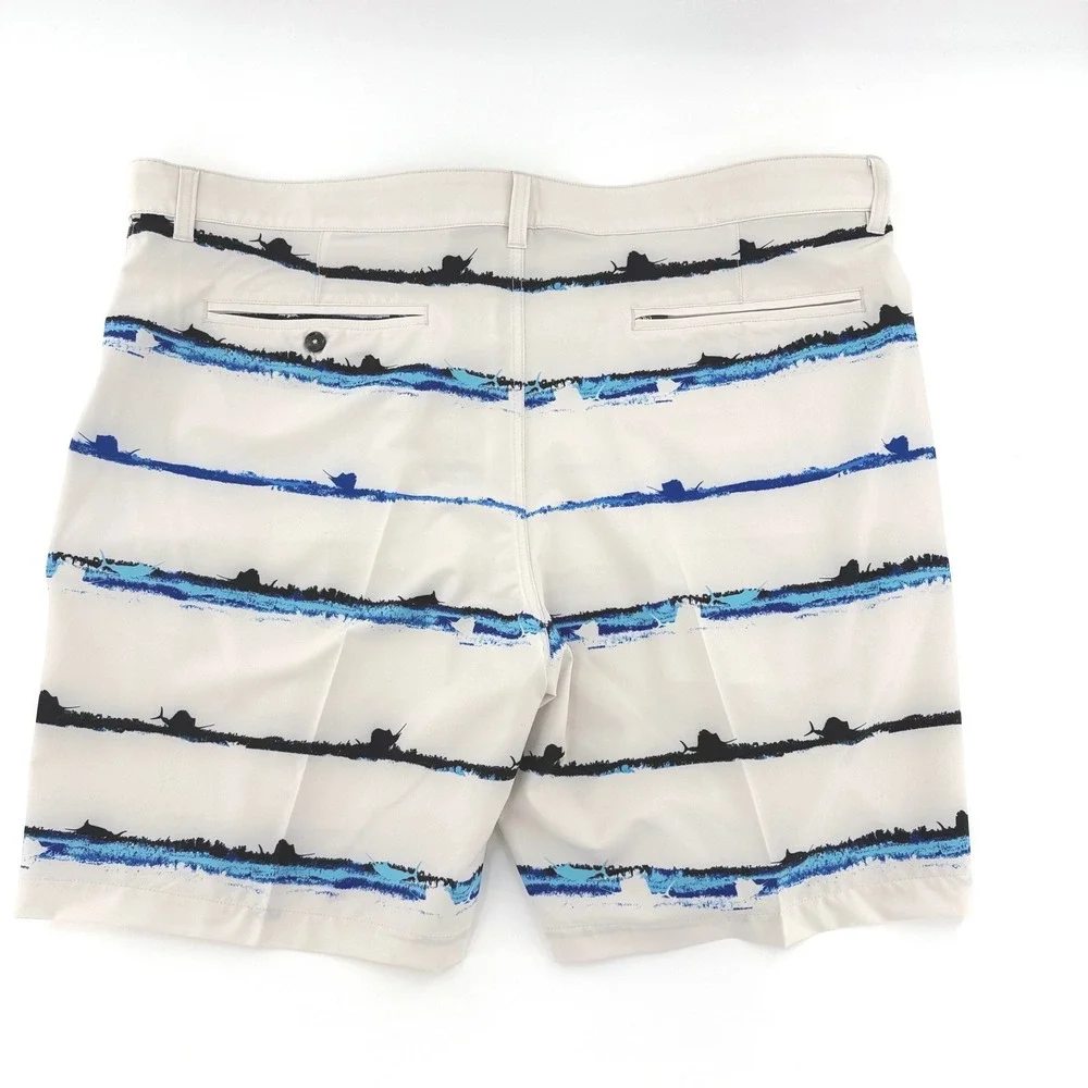 Scales White with Black/Blue Marlin Stripe Performance Fishing Shorts Mens40